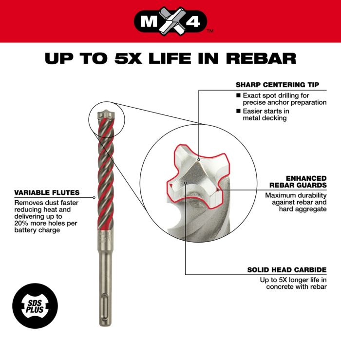 Broca Mx4 Para Concreto 1/2In 4 Puntas Toma Sds-Plus Largo 12In
