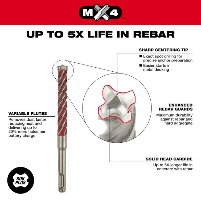 Broca Mx4 Para Concreto 3/16In 4 Puntas Toma Sds-Plus Largo 6In