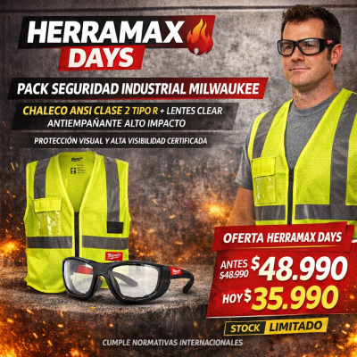 Milwaukee Chaleco seguridad alta visibilidad amarillo Clase 2 + Lentes De Seguridad Alto Rendimiento Con Marco Anti Impactos Y Empañamiento Lente Transparente